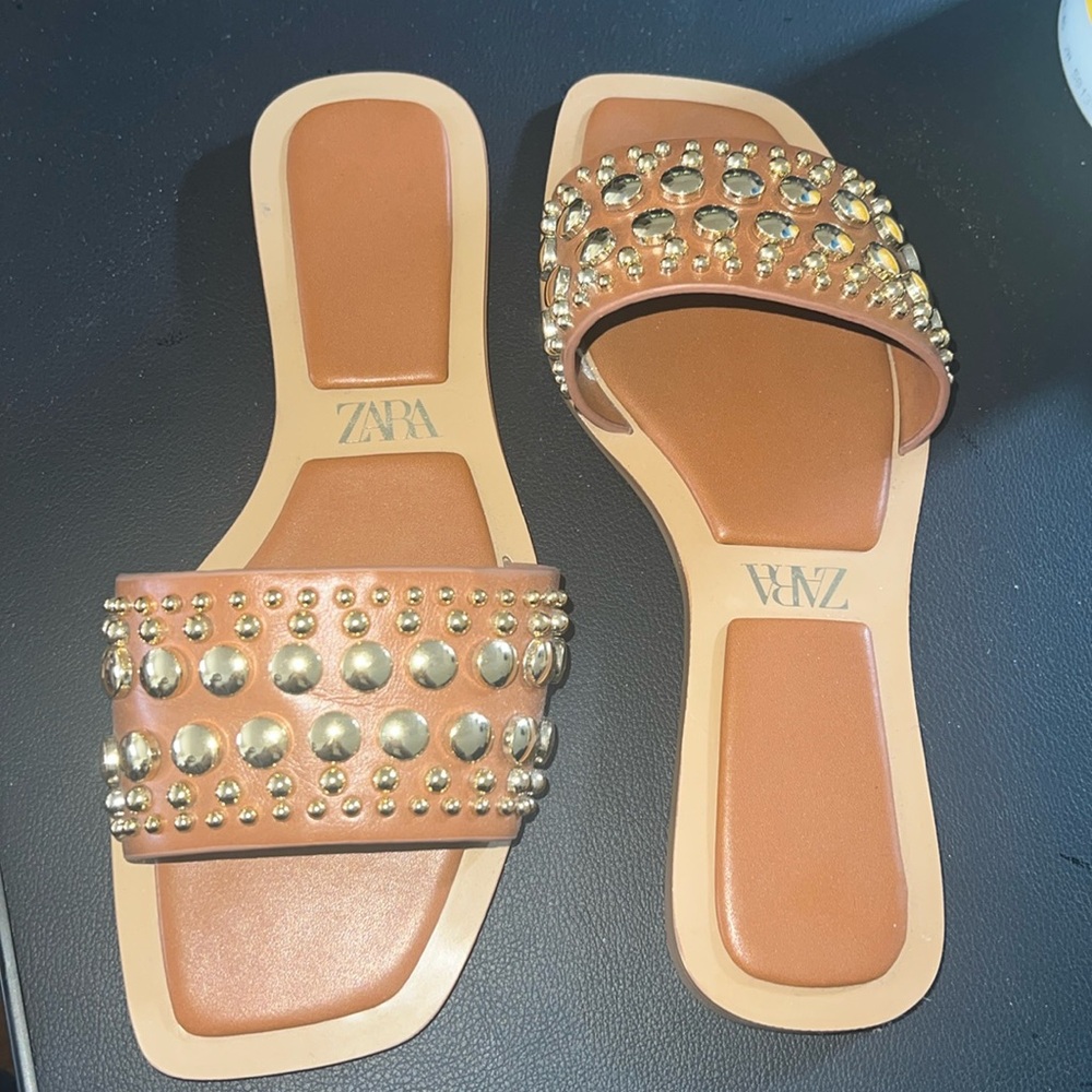 Zara Gold Embellished Sandals SZ 36 (6.0)